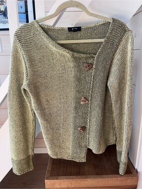 Bellamie Olive-Green Asymmetrical Button Knit Cardigan